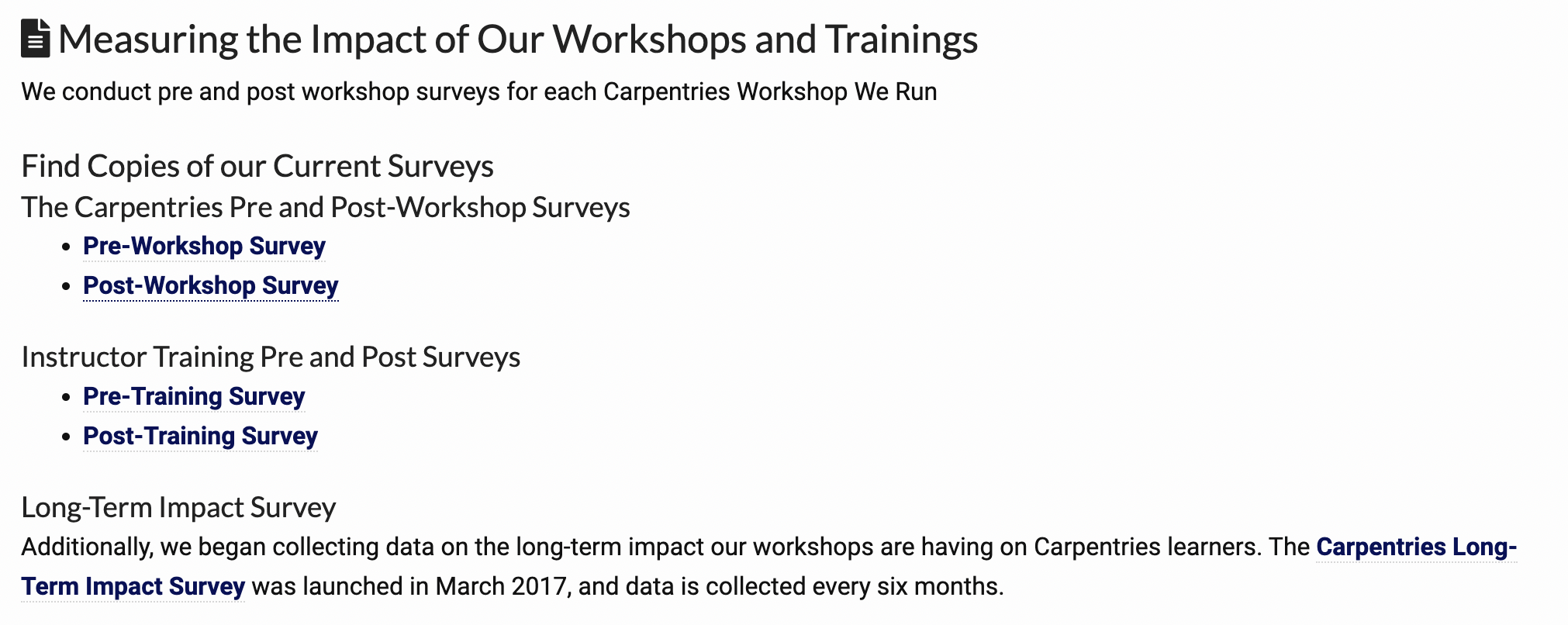 A screenshot of the Carpentries Pre- and Post- Workshop survey page.